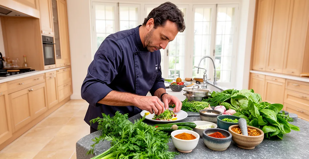 Chef privé préparant un repas dans une cuisine de villa