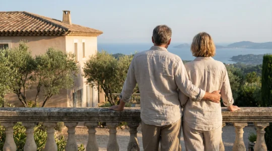 Couple viewing Mediterranean Sea from luxury villa terrace in Saint-Tropez at sunset