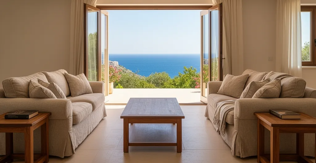 Villa living room interior with comfortable seating and Mediterranean Sea view through open doors
