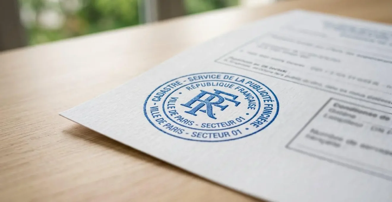 Extreme close-up of French cadastral land registry document corner showing official government seal with text blurred in soft focus