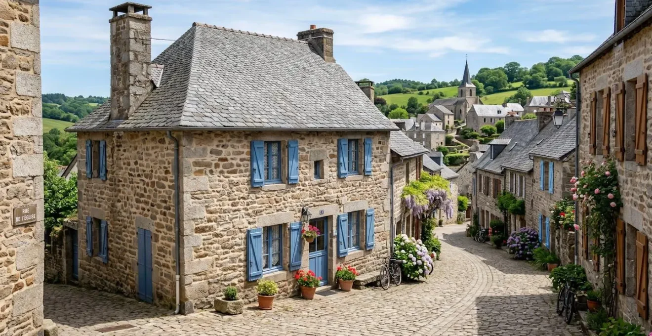 Traditional French stone house with blue shutters and slate roof in a quiet Limousin village street on a bright sunny day