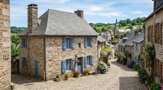 Traditional French stone house with blue shutters and slate roof in a quiet Limousin village street on a bright sunny day