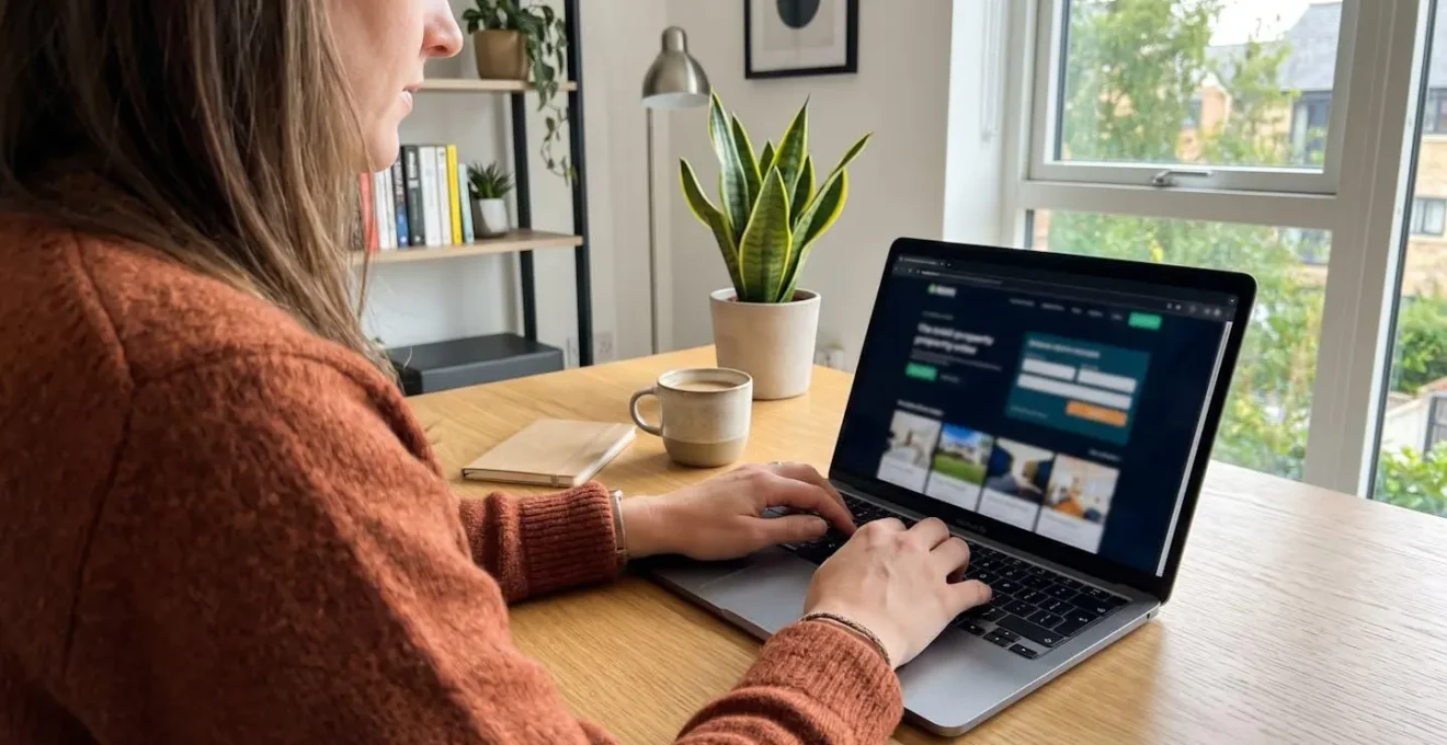 Over-shoulder view of hands typing on laptop keyboard reviewing property listing images on screen, bright home office with natural window light