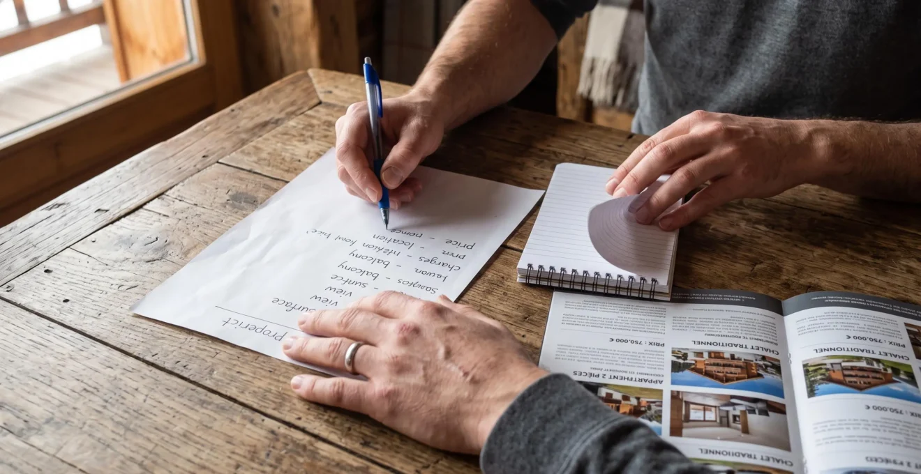 A buyer's hands review a handwritten checklist comparing two loft properties on a wooden table.