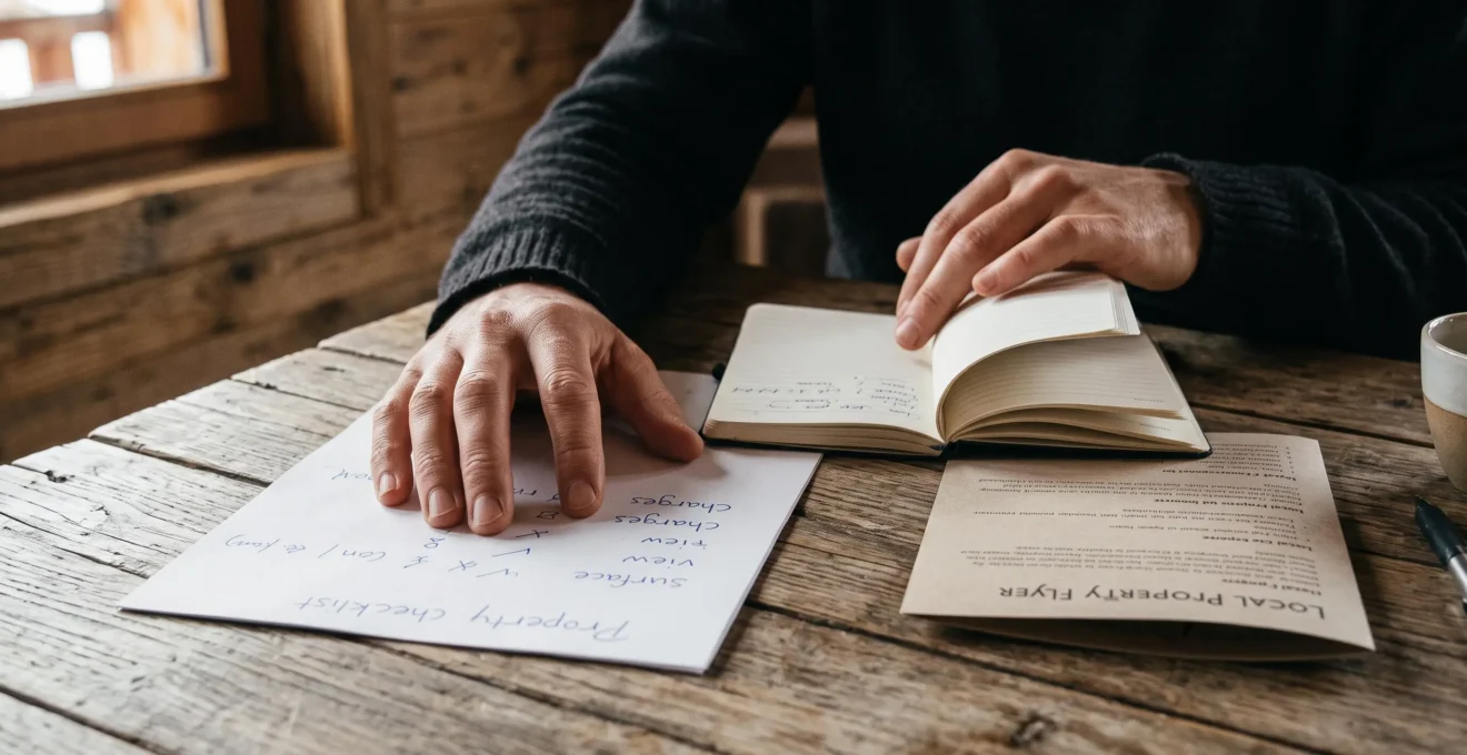 A buyer's hands review a handwritten checklist comparing two loft properties on a wooden table.