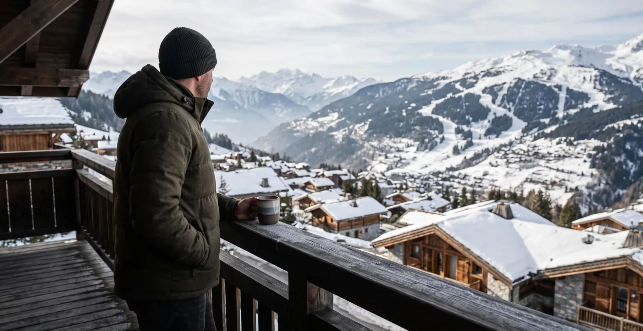 A prospective buyer stands on a loft balcony in Courchevel, looking out over the snowy valley and ski slopes.