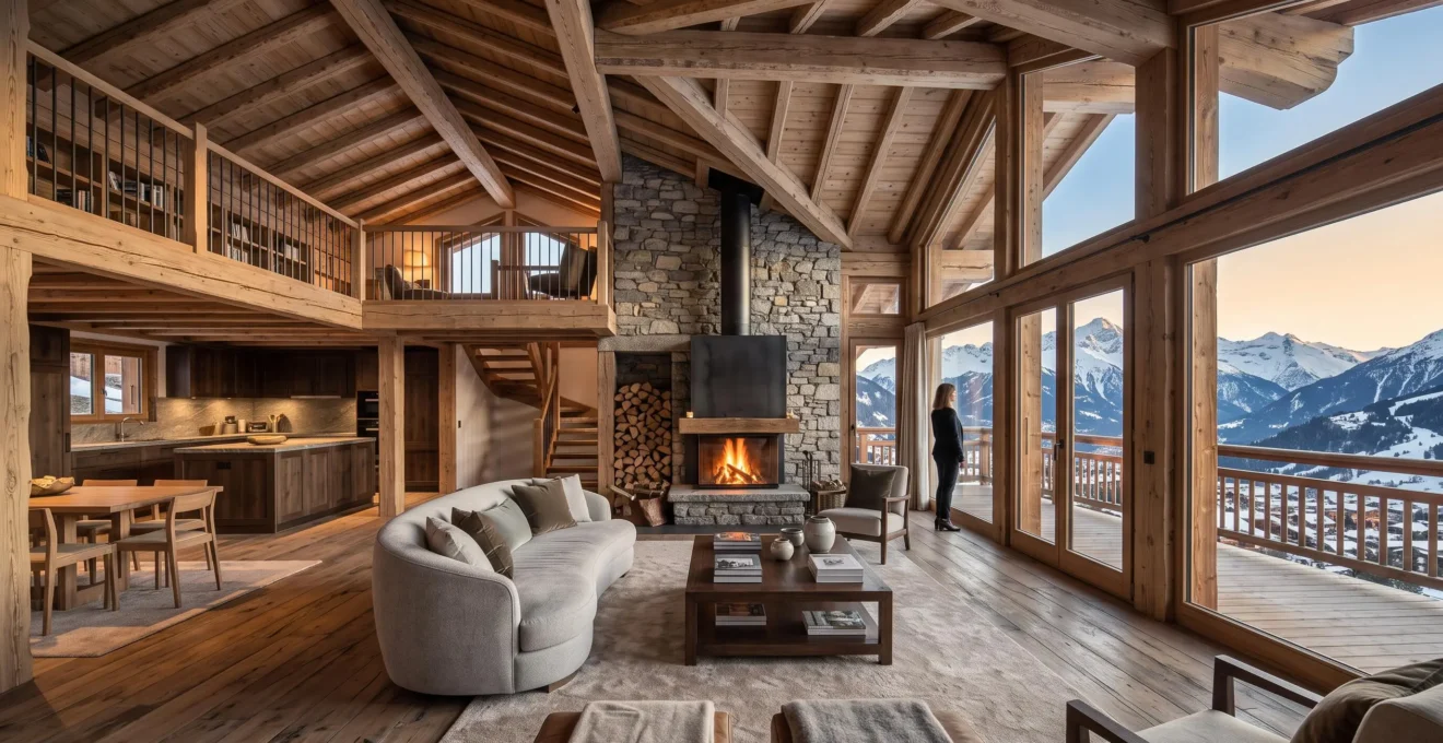 A spacious loft with exposed beams and large windows looking out over the snowy mountains of Courchevel.