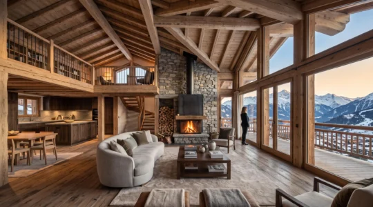A spacious loft with exposed beams and large windows looking out over the snowy mountains of Courchevel.