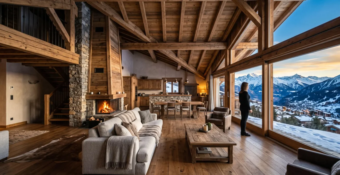 A spacious loft with exposed beams and large windows looking out over the snowy mountains of Courchevel.